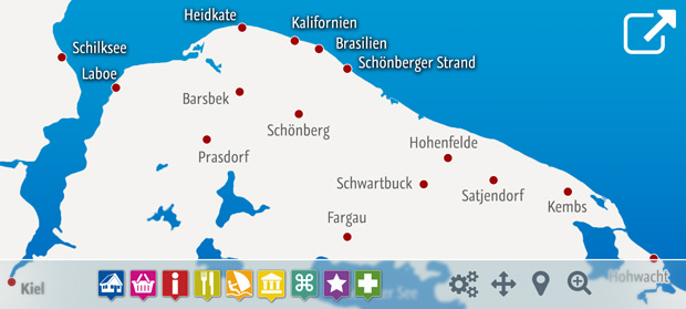 Übersichtskarte der Probstei mit den Küstenorten Schiksee, Laboe, Heidkarte, Kalifornien, Brasilein, Schönberger Strand und Hohwacht